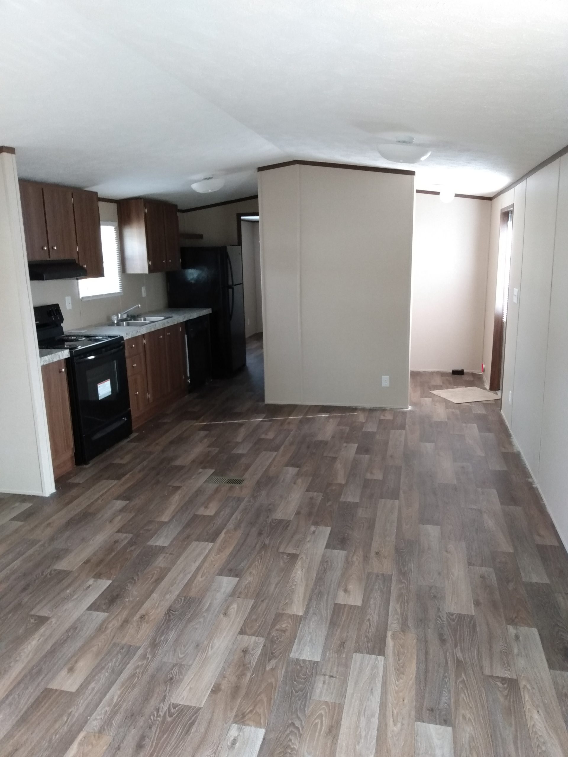 Open kitchen and living area with wood-look flooring